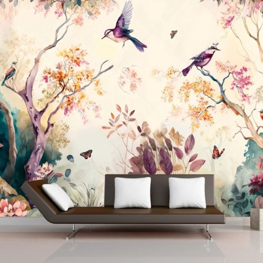 Papier peint tapisserie colibris effet 3D et fleurs - Papierpeint - panoramique.fr