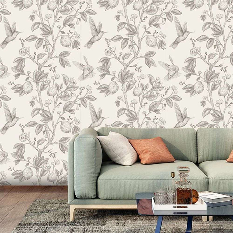 Papier peint tapisserie colibris et arbre fruitier vintage noir et blanc — intissé mat premium