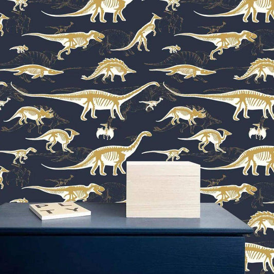 Papier peint tapisserie dinosaures noir et or pour enfant - Papierpeint - panoramique.fr