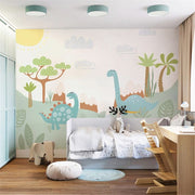 Papier peint tapisserie enfant dinosaures et végétation colorée - Papierpeint - panoramique.fr
