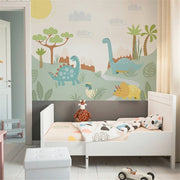 Papier peint tapisserie enfant dinosaures et végétation colorée - Papierpeint - panoramique.fr