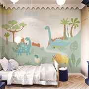 Papier peint tapisserie enfant dinosaures et végétation colorée - Papierpeint - panoramique.fr
