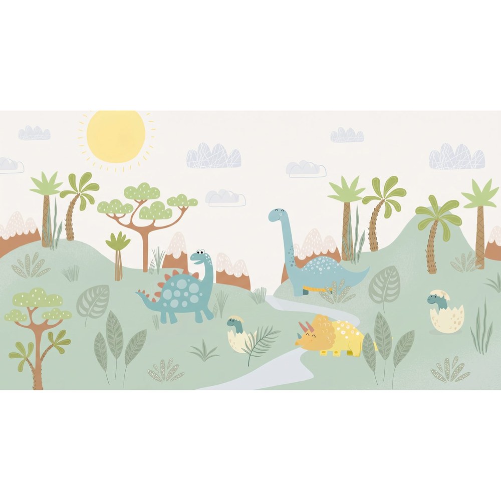 Papier peint tapisserie enfant dinosaures et végétation colorée - motif
