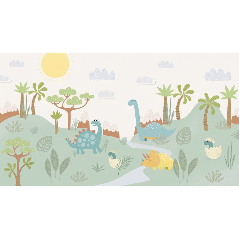 Papier peint tapisserie enfant dinosaures et végétation colorée — autocollant
