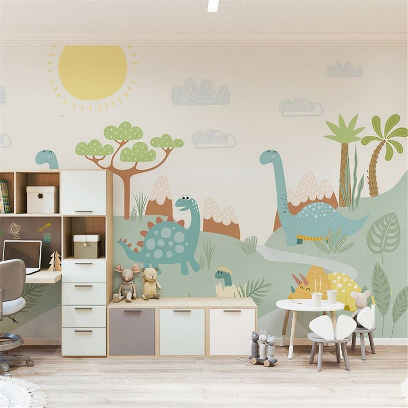 Papier peint tapisserie enfant dinosaures et végétation colorée — intissé mat premium
