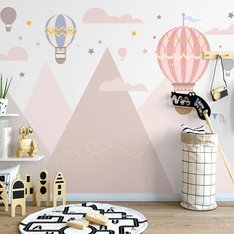 Papier peint tapisserie enfant montgolfières colorées — intissé mat premium