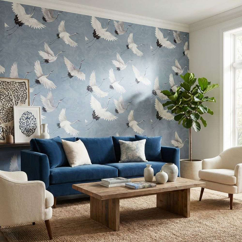 Papier peint tapisserie envol de grues japonaises fond bleu — autocollant