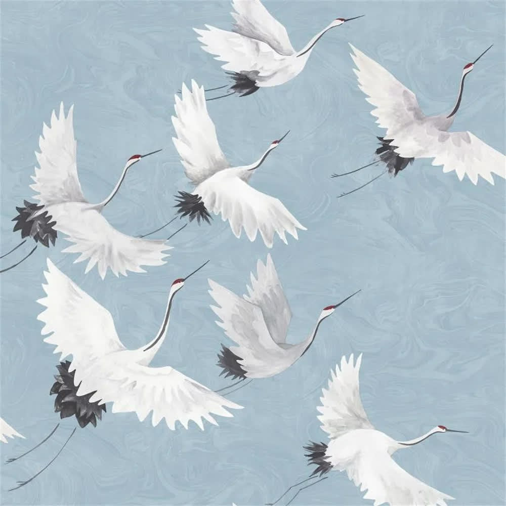 Papier peint tapisserie envol de grues japonaises fond bleu - Papierpeint - panoramique.fr