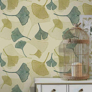 Papier peint tapisserie feuillage ginkgo bleu et vert - Papierpeint - panoramique.fr