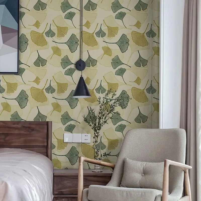 Papier peint tapisserie feuillage ginkgo bleu et vert — intissé mat premium
