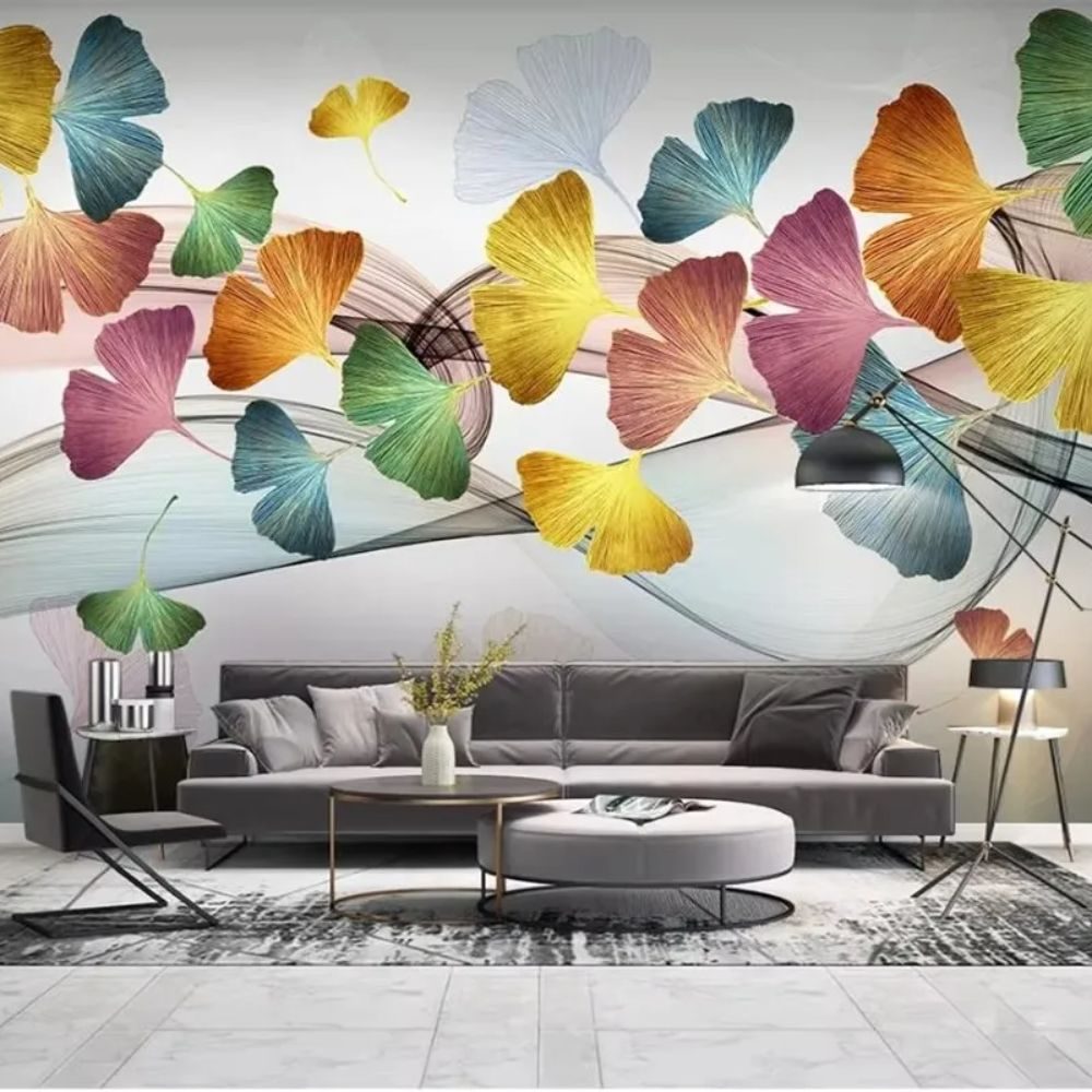 Papier peint tapisserie feuilles de ginkgo multicolores - Papierpeint - panoramique.fr