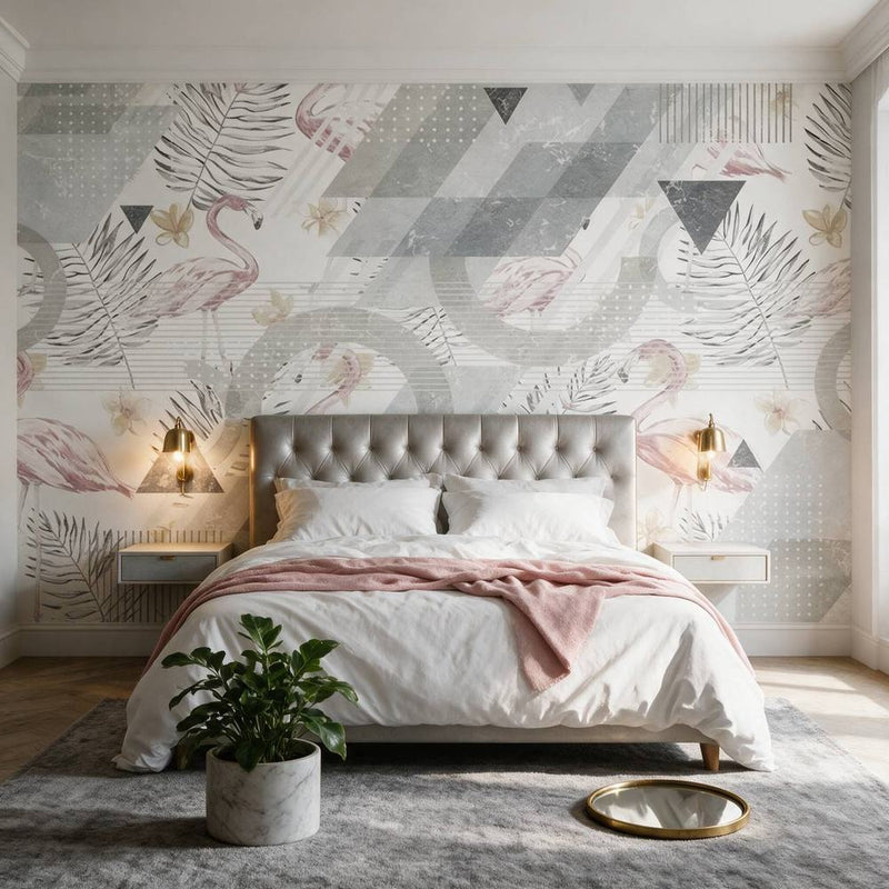 Papier peint tapisserie flamant rose noir et blanc graphique — intissé mat premium