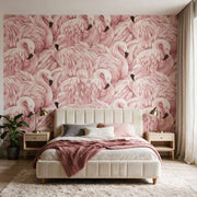 Papier peint tapisserie flamants roses et feuillages tropicaux - Papierpeint - panoramique.fr