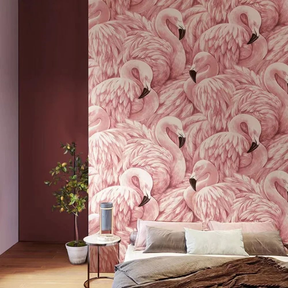 Papier peint tapisserie flamants roses et feuillages tropicaux - Papierpeint - panoramique.fr