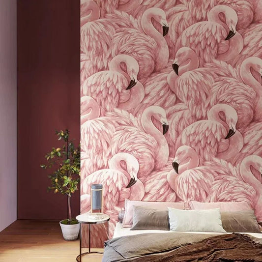 Papier peint tapisserie flamants roses et feuillages tropicaux - Papierpeint - panoramique.fr