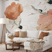 Papier peint tapisserie fleurs et grues style japonais - Papierpeint - panoramique.fr