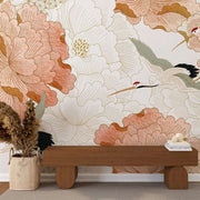 Papier peint tapisserie fleurs et grues style japonais - Papierpeint - panoramique.fr