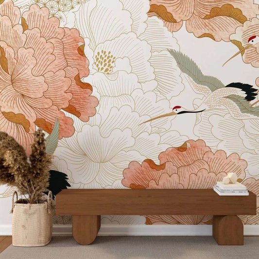 Papier peint tapisserie fleurs et grues style japonais - Papierpeint - panoramique.fr