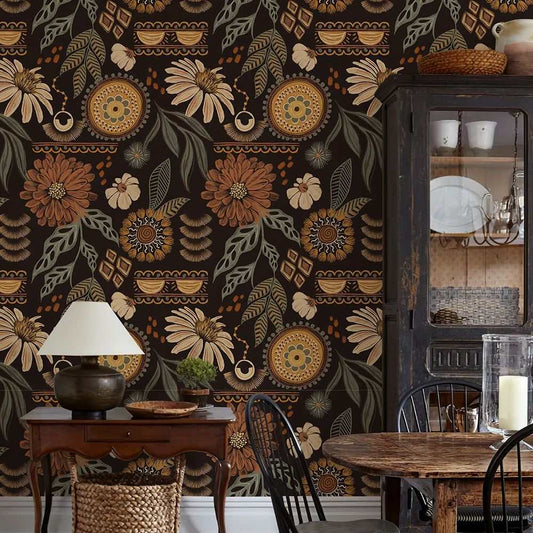 Papier peint tapisserie fleurs marron vintage - Papierpeint - panoramique.fr