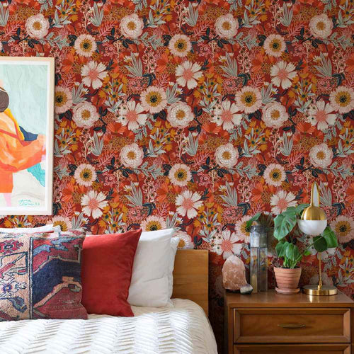 Papier peint tapisserie fleurs orange vintage - Papierpeint - panoramique.fr