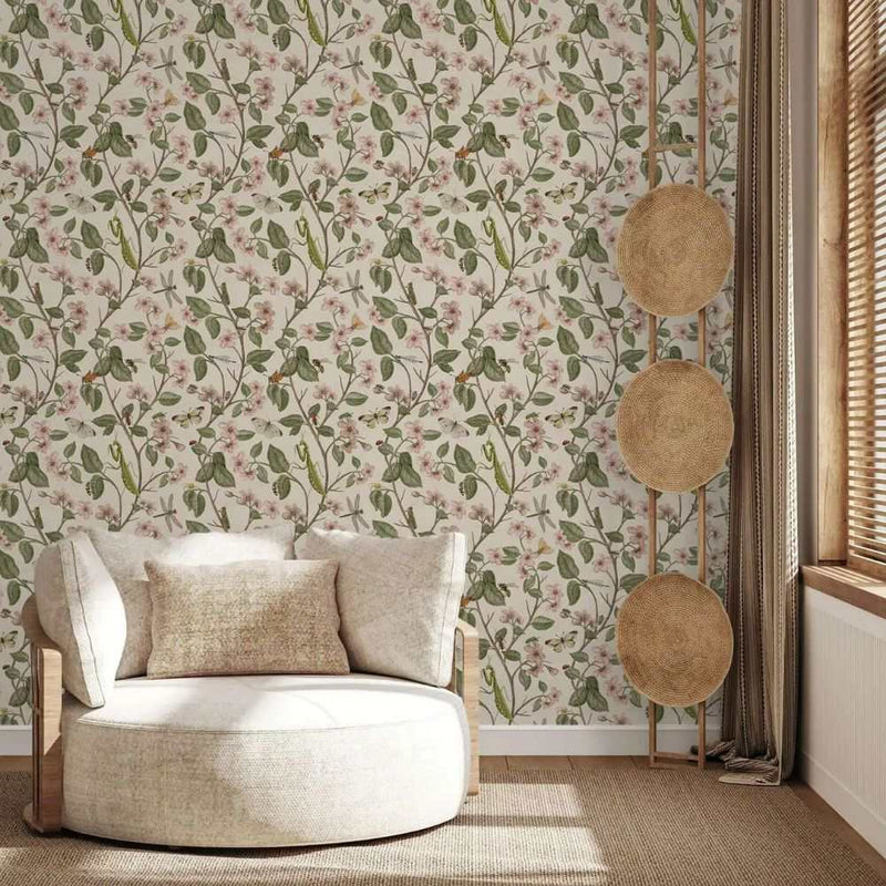 Papier peint tapisserie fleurs style vintage champêtre — intissé mat premium