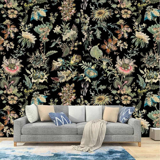 Papier peint tapisserie fleurs vintage sur fond noir - Papierpeint - panoramique.fr