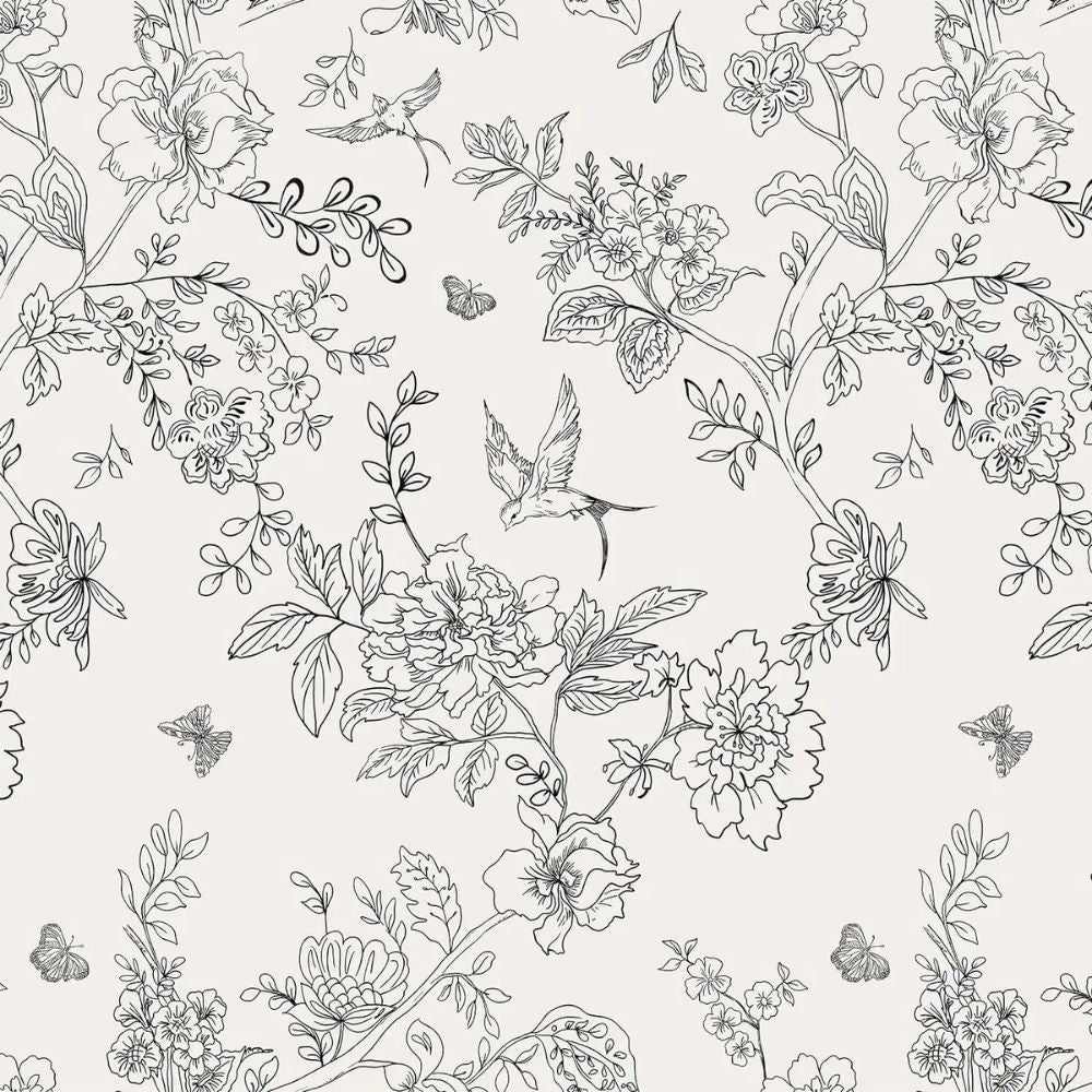 Papier peint tapisserie fleurs vintage noir et blanc épuré - motif