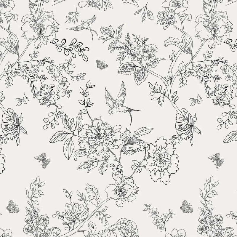 Papier peint tapisserie fleurs vintage noir et blanc épuré — autocollant