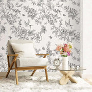 Papier peint tapisserie fleurs vintage noir et blanc épuré - Papierpeint - panoramique.fr