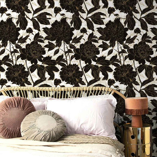 Papier peint tapisserie floral noir et or - Papierpeint - panoramique.fr