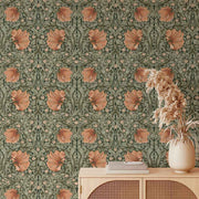 Papier peint tapisserie floral terracotta et vert vintage - Papierpeint - panoramique.fr