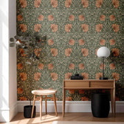 Papier peint tapisserie floral terracotta et vert vintage - Papierpeint - panoramique.fr