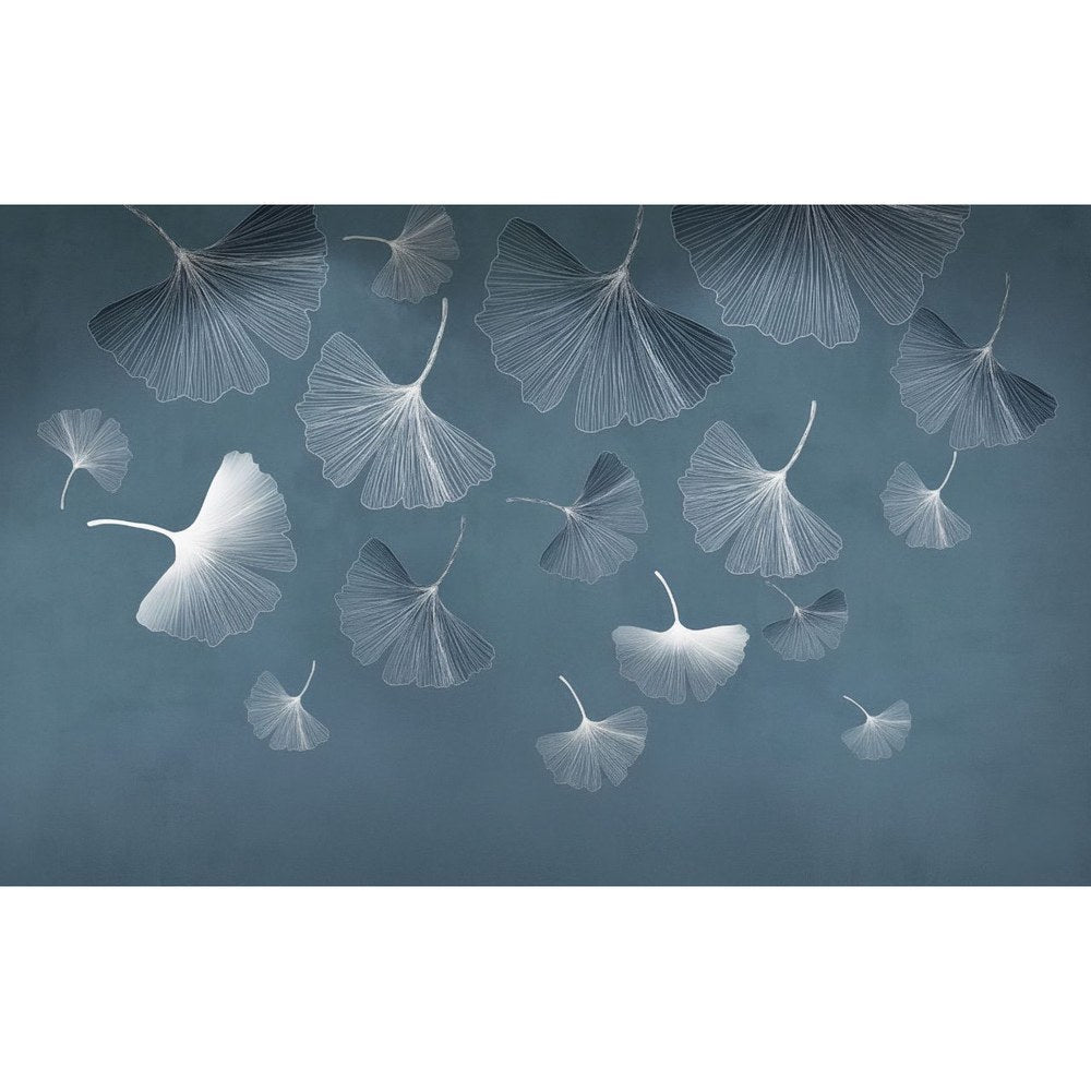 Papier peint tapisserie ginkgo bleu apaisant - motif