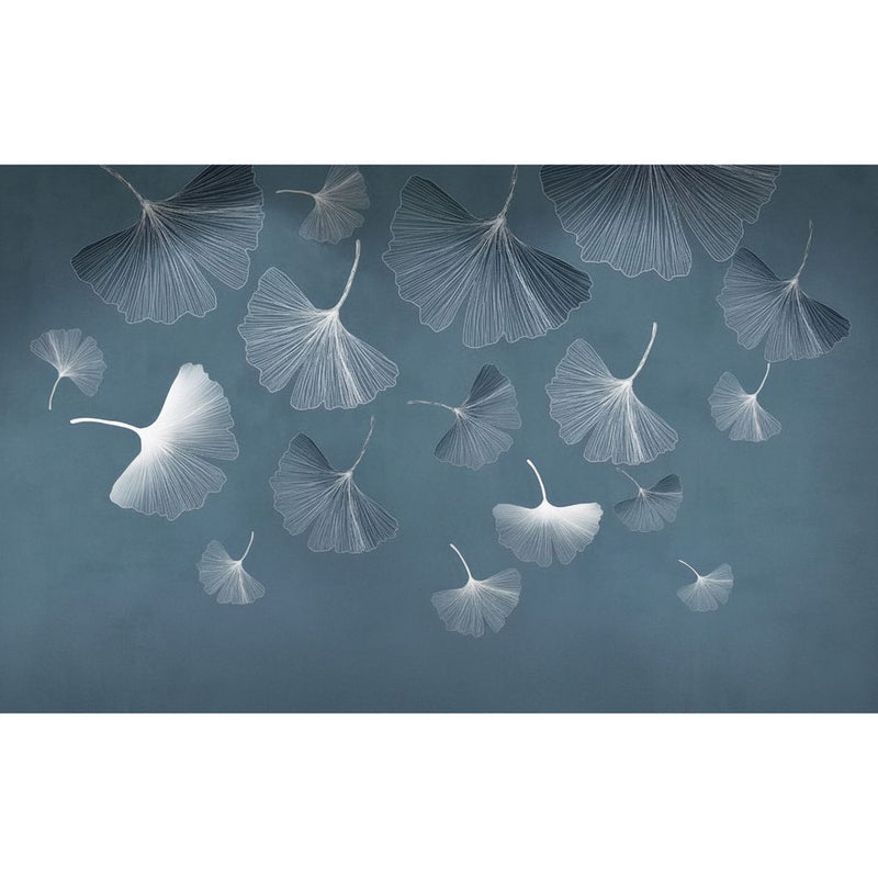 Papier peint tapisserie ginkgo bleu apaisant — autocollant