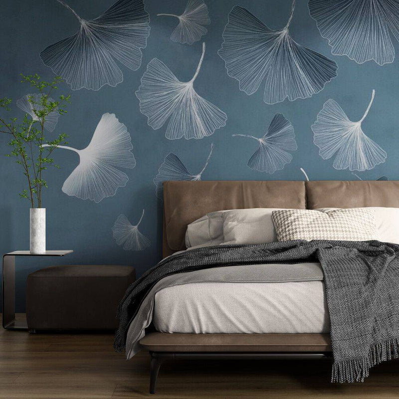 Papier peint tapisserie ginkgo bleu apaisant — intissé mat premium