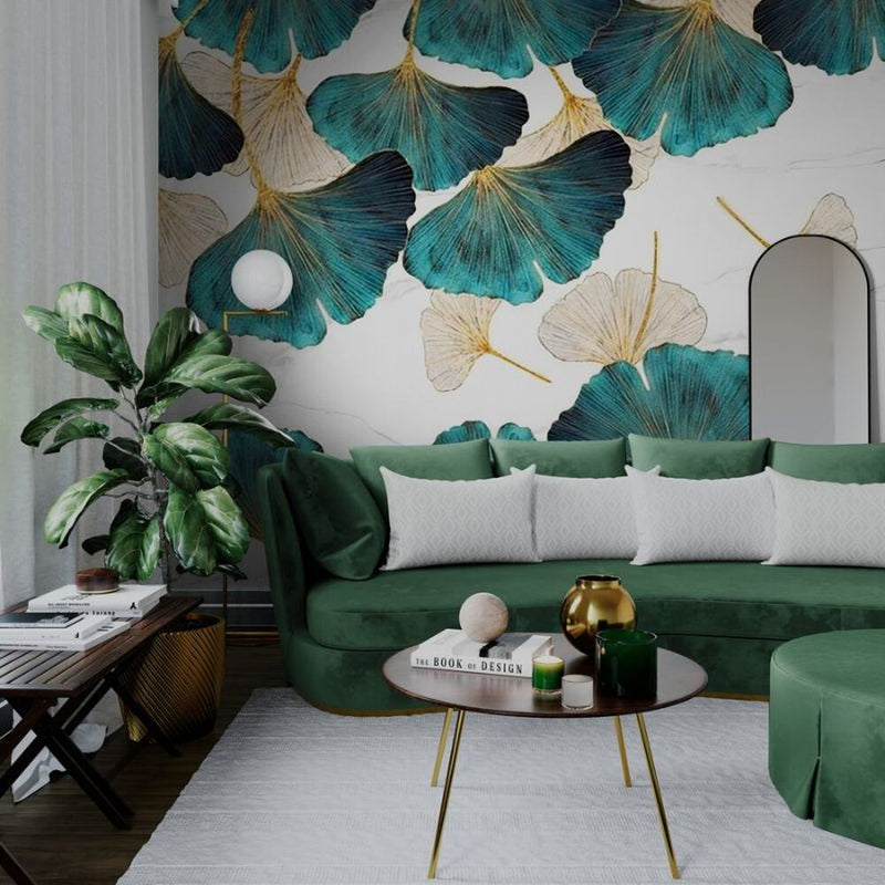 Papier peint tapisserie feuillage ginkgo bleu vert et doré — intissé mat premium