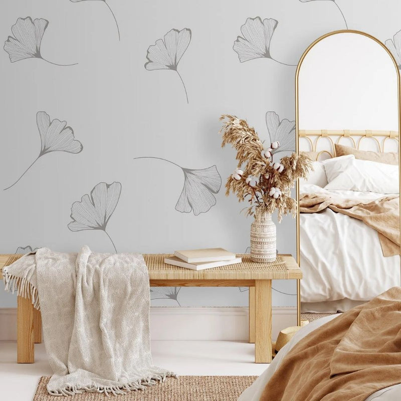 Papier peint tapisserie ginkgo gris moderne — intissé mat premium