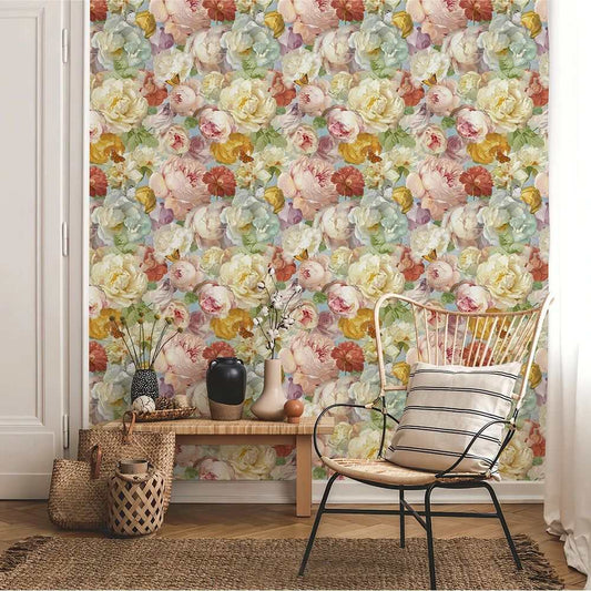 Papier peint tapisserie grosses fleurs anglaises colorées - Papierpeint - panoramique.fr