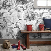 Papier peint tapisserie grosses fleurs blanches monochrome - Papierpeint - panoramique.fr