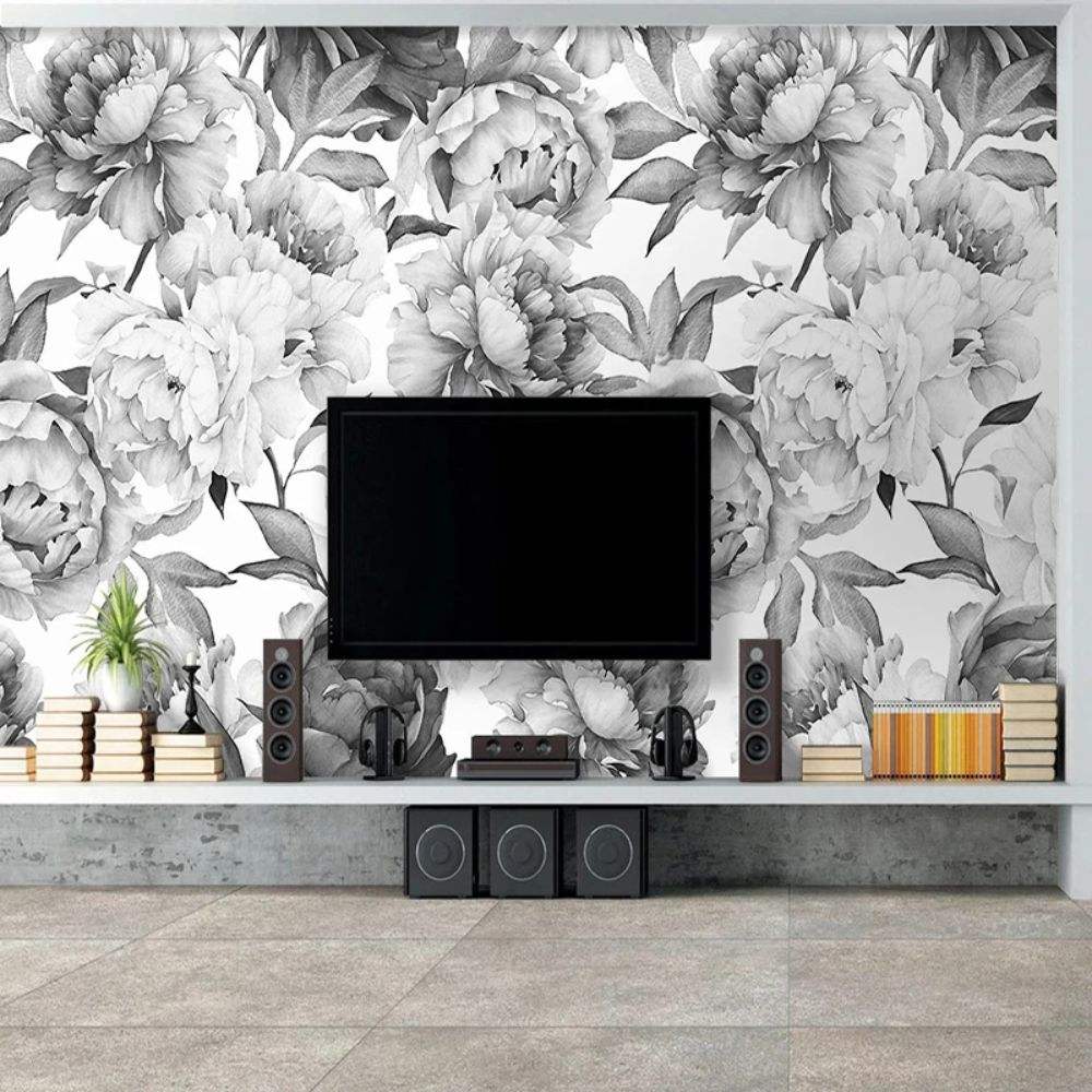 Papier peint tapisserie grosses fleurs blanches monochrome - Papierpeint - panoramique.fr