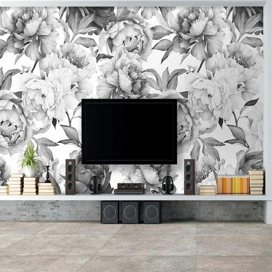 Papier peint tapisserie grosses fleurs blanches monochrome - Papierpeint - panoramique.fr