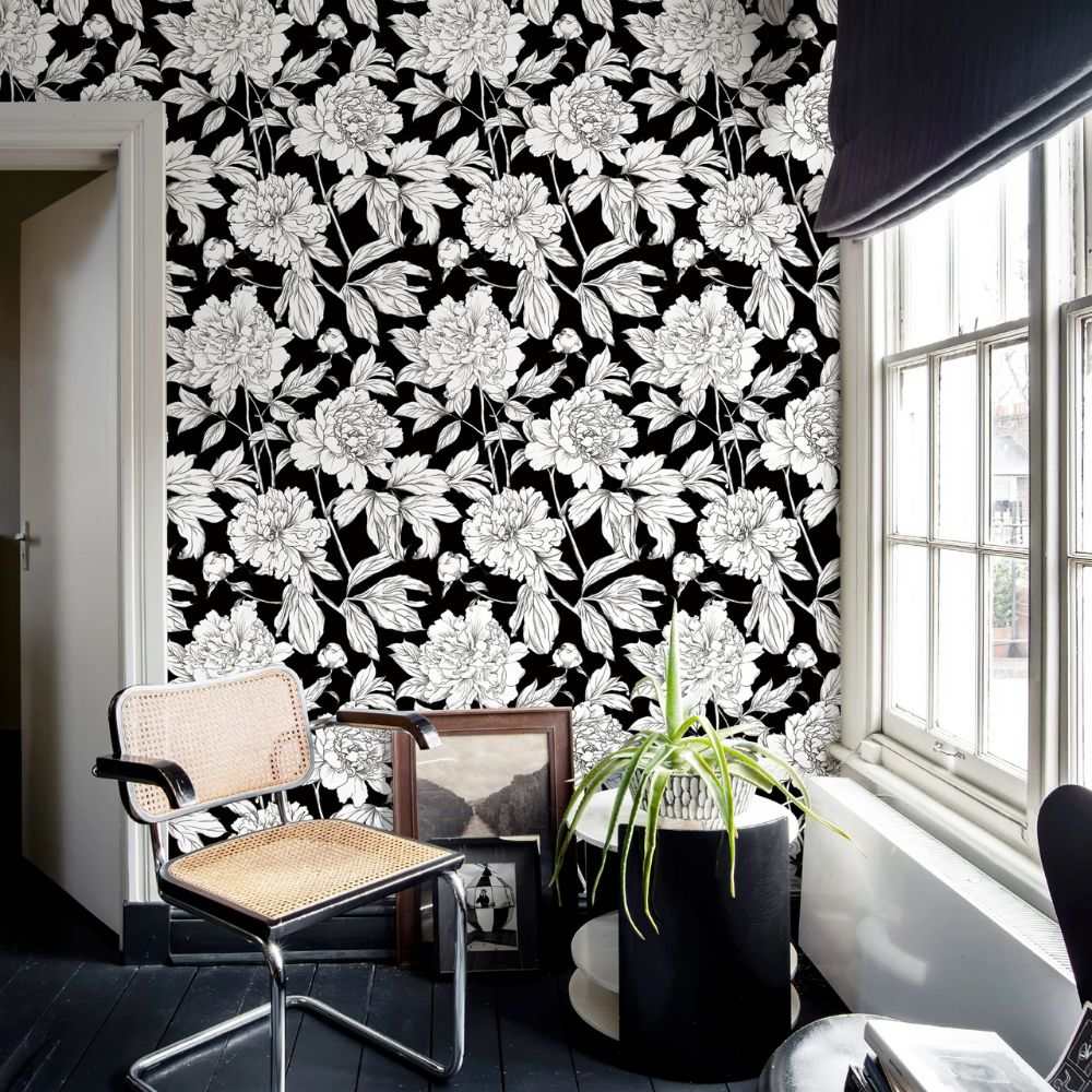 Papier peint tapisserie grosses fleurs sur fond noir - Papierpeint - panoramique.fr