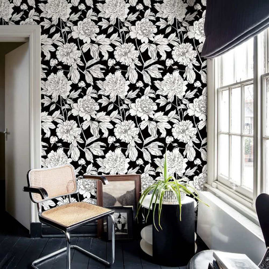 Papier peint tapisserie grosses fleurs sur fond noir - Papierpeint - panoramique.fr