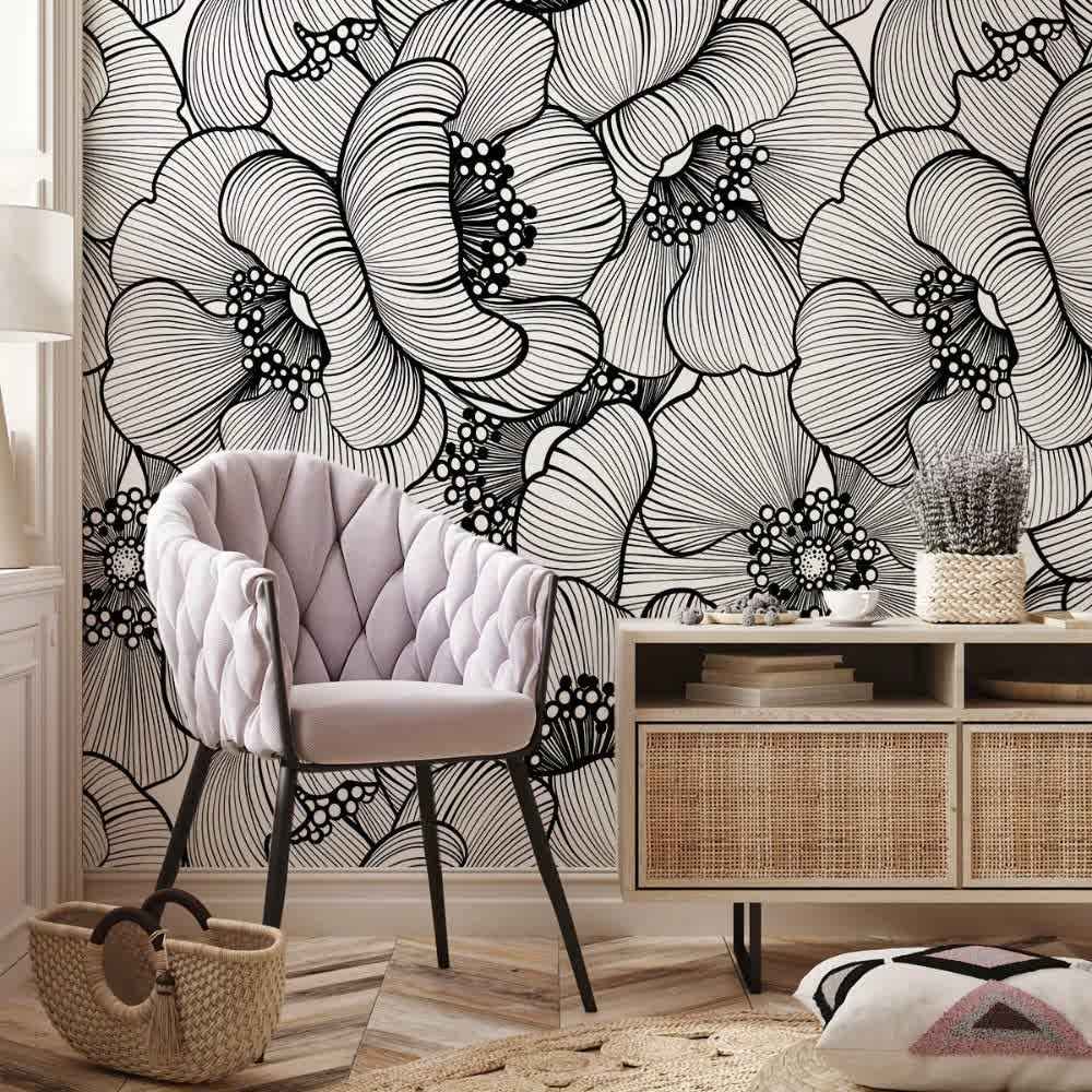 Papier peint tapisserie grosses fleurs noir et blanc - Papierpeint - panoramique.fr