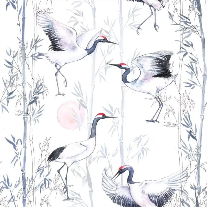 Papier peint tapisserie grues et bambou noir et blanc — autocollant