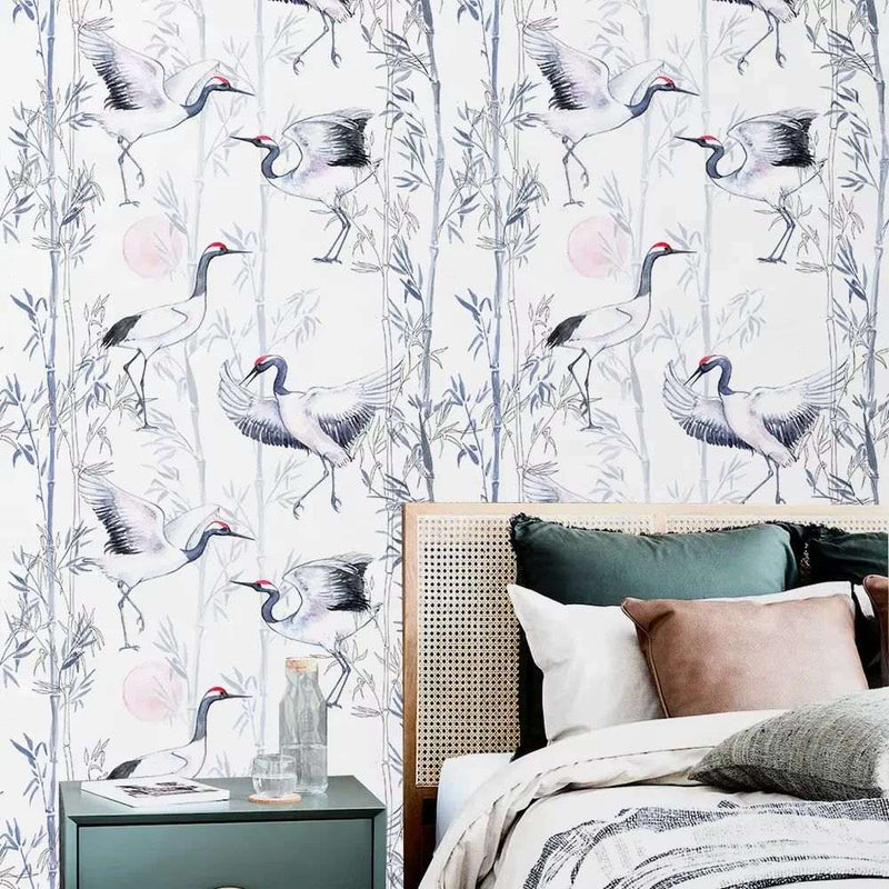 Papier peint tapisserie grues et bambou noir et blanc — intissé mat premium