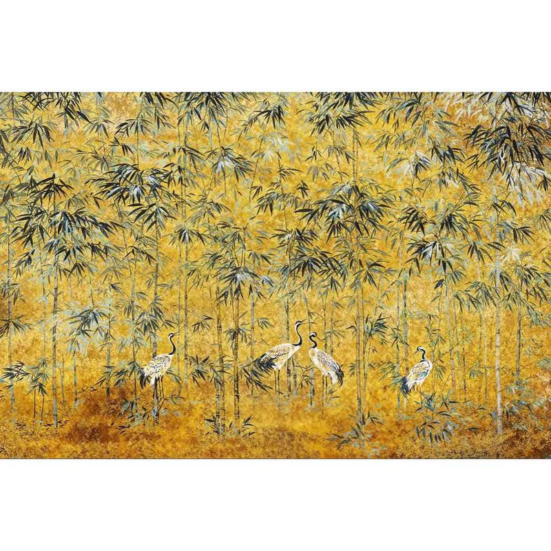 Papier peint tapisserie grues japonaises fond jaune — autocollant