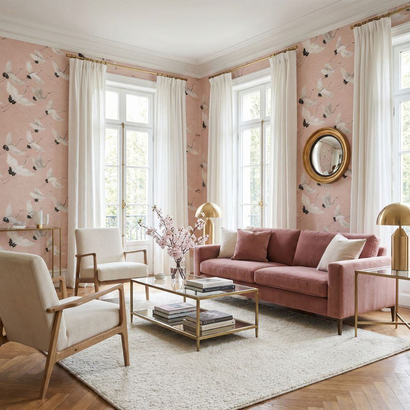 Papier peint tapisserie grues japonaises fond rose — autocollant