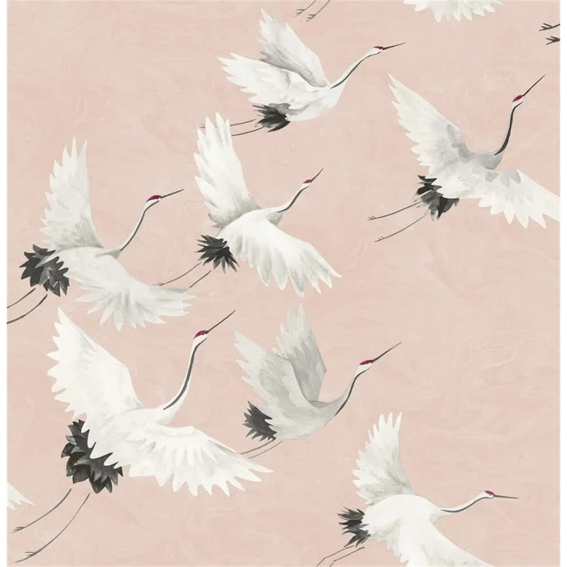 Papier peint tapisserie grues japonaises fond rose — intissé mat premium