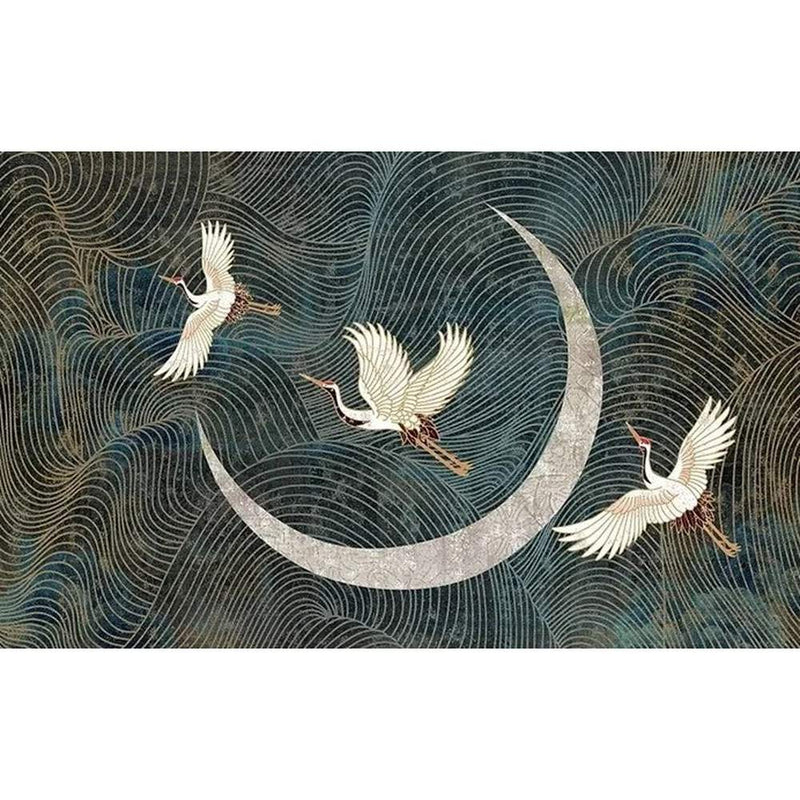 Papier peint tapisserie japonais grues et lune sur fond bleu nuit — autocollant